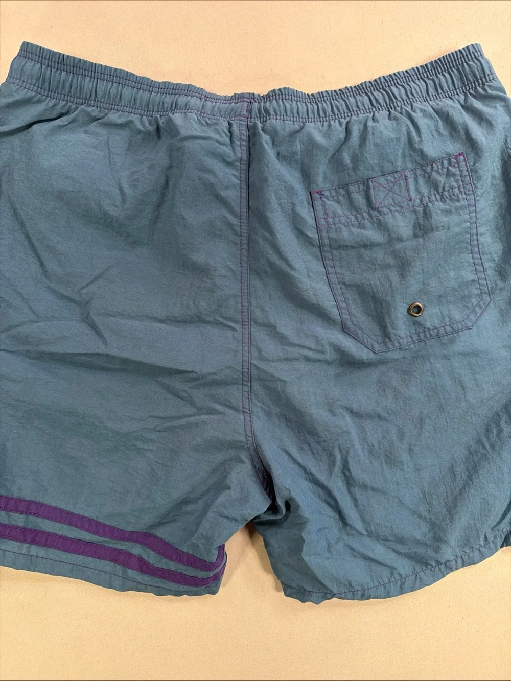 Vintage Men's Teal Elastic-Waist Swim Trunks with Embroidered Logo Patch
